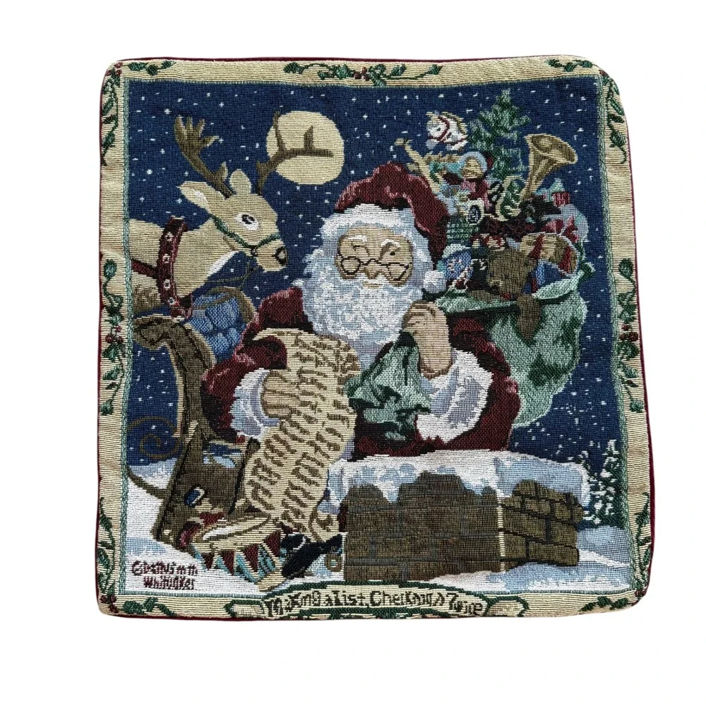Vintage Christmas Tapestry Santa Claus Reindeer Pillow Cover 14.5x15 Red Zipper